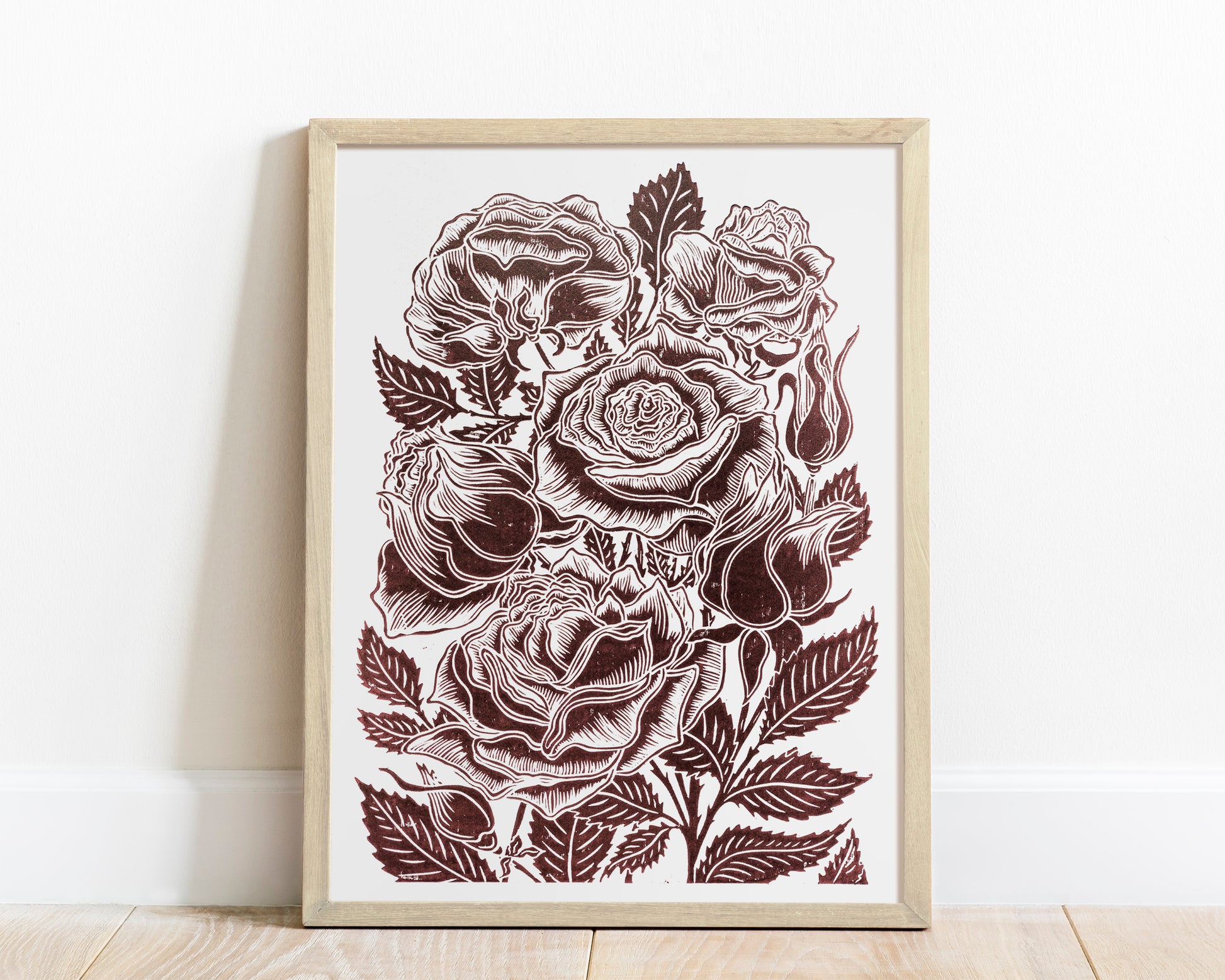 Dark brown roses flower Linocut print for Nature lover gift UNFRAMED