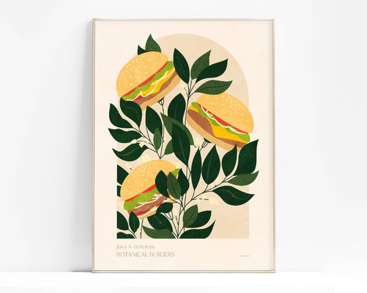 Botanical vintage beef burger poster Printable wall art for modern kitchen and dining room