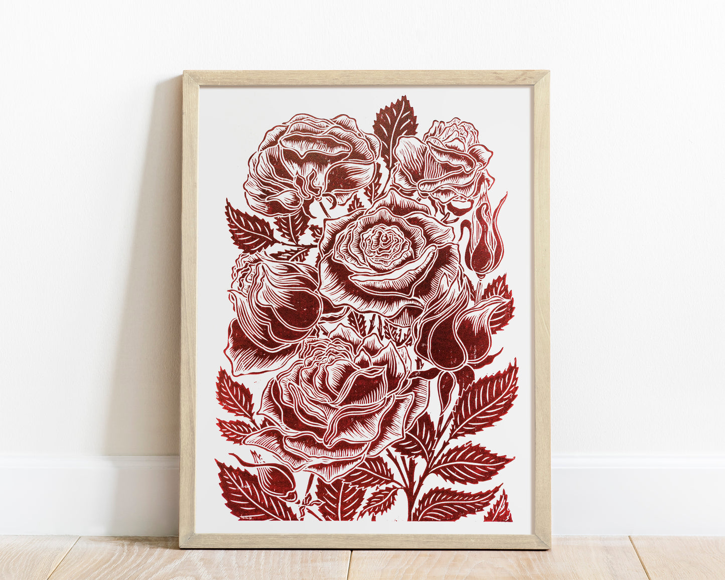 Burgundy roses flower Linocut print for Nature lover gift UNFRAMED