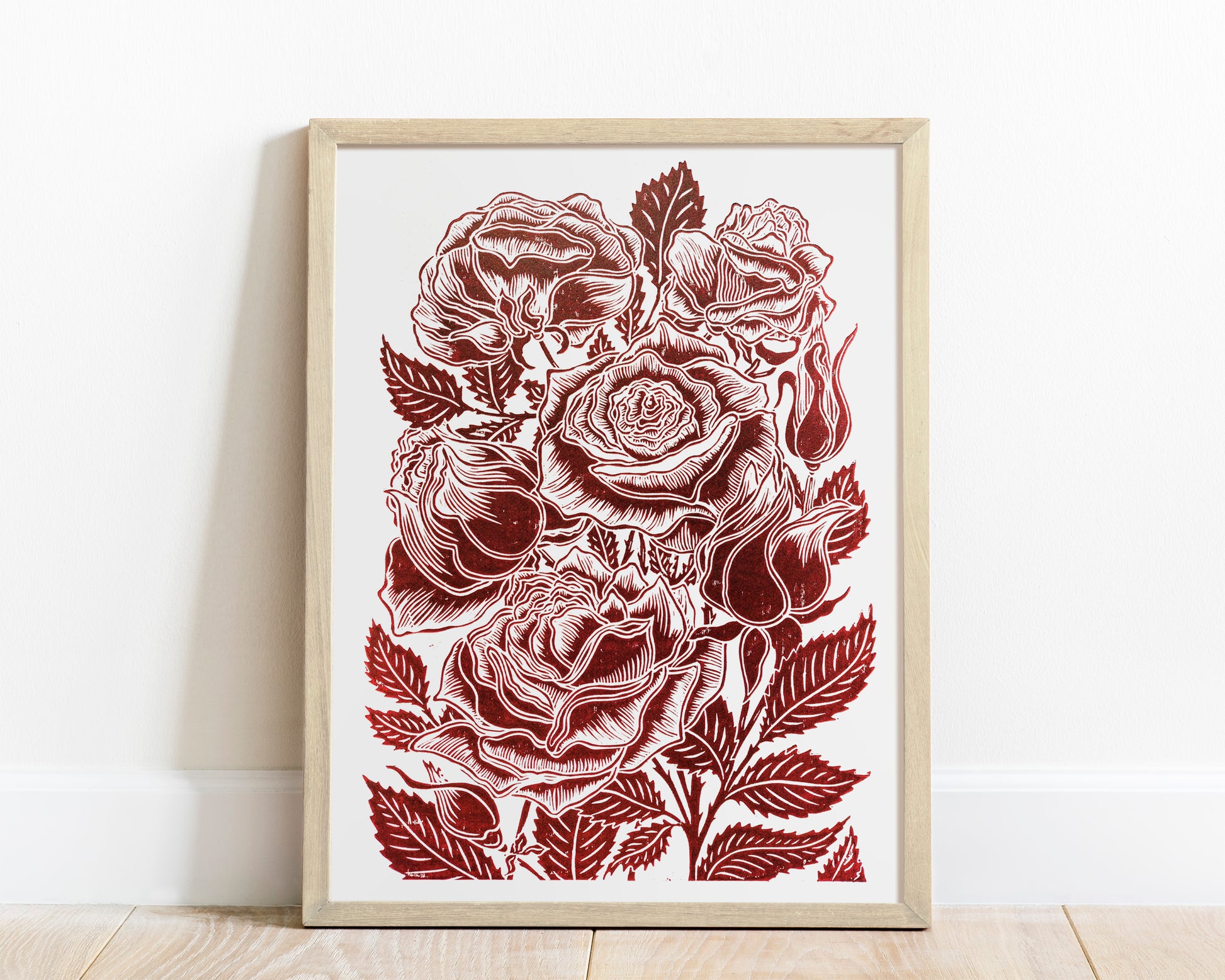 Burgundy roses flower Linocut print for Nature lover gift UNFRAMED