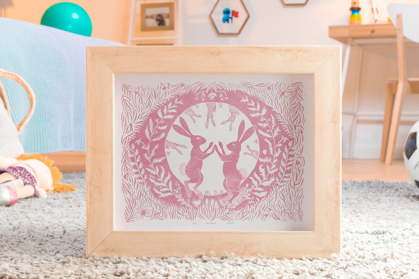 Printable linocut prints Pink Dancing rabbits with floral plant texture wall art Kids Cottagecore foraged decor Digital downloadable poster Instant download poster Flower botanical bunnies bunny rabbit hare Children Bedroom Living room wall decor