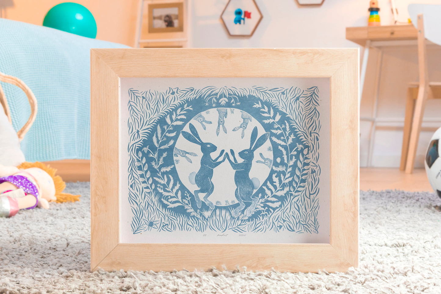 Printable linocut Cottagecore decor Digital downloadable linogravure lino foraged poster prints Dancing Bedroom kids rooom large children bunny rabbits floral plant texture wall art funny rabbit game instand download Light blue spring
