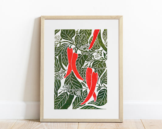 Red chili pepper plant linocut print  / Original artwork Botanical fruit for modern kitchen wall art or Nature lover gift UNFRAMED for modern kitchen / living room or dining room / bedroom wall decor