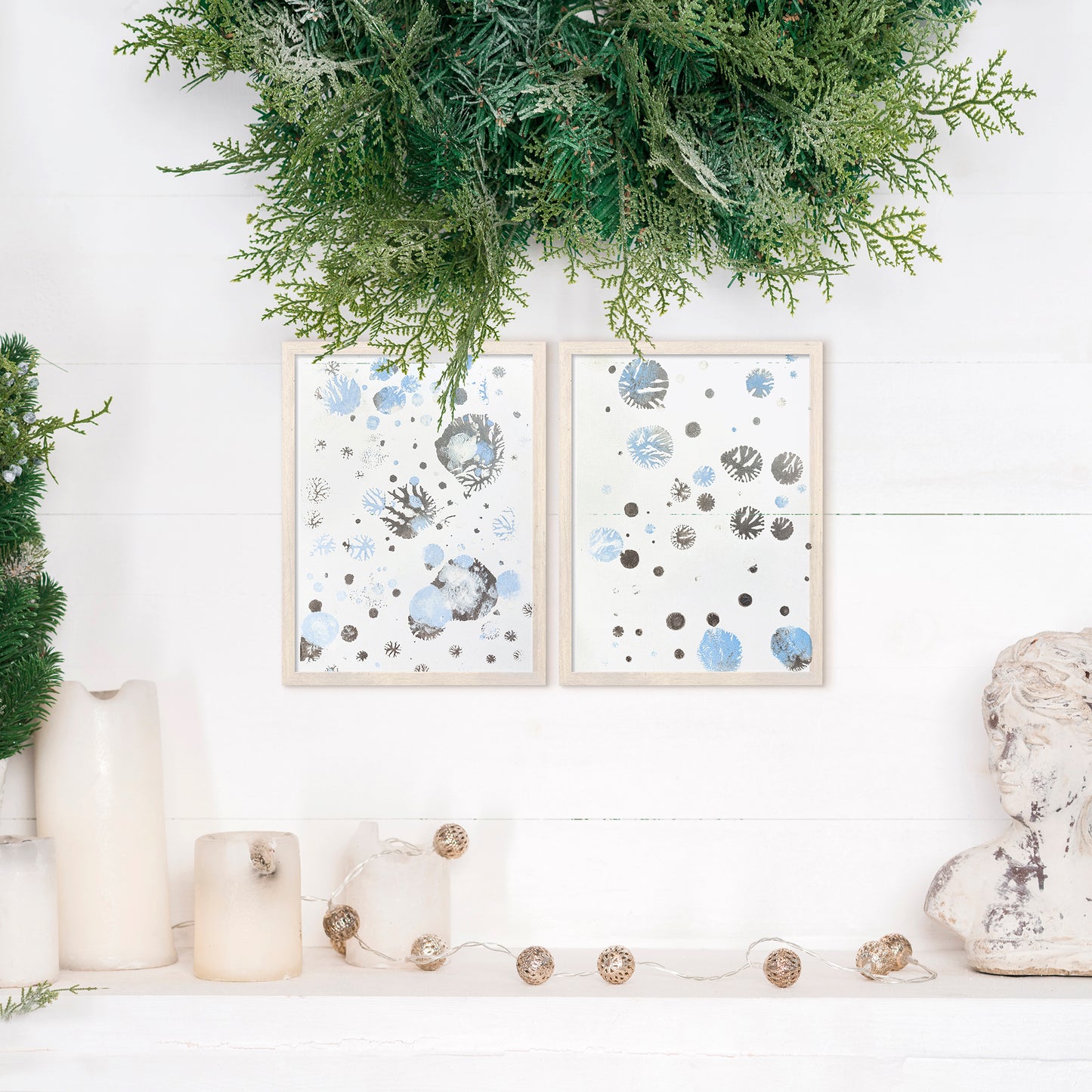 Gallery wall set of 2 Monotype print Blue and silver abstract snowflakes Holiday winter wall art Christmas festive decor UNFRAMED, Bedroom wall decor, relief print, Original artwork, Noel decoration, printmaking art, handmade print