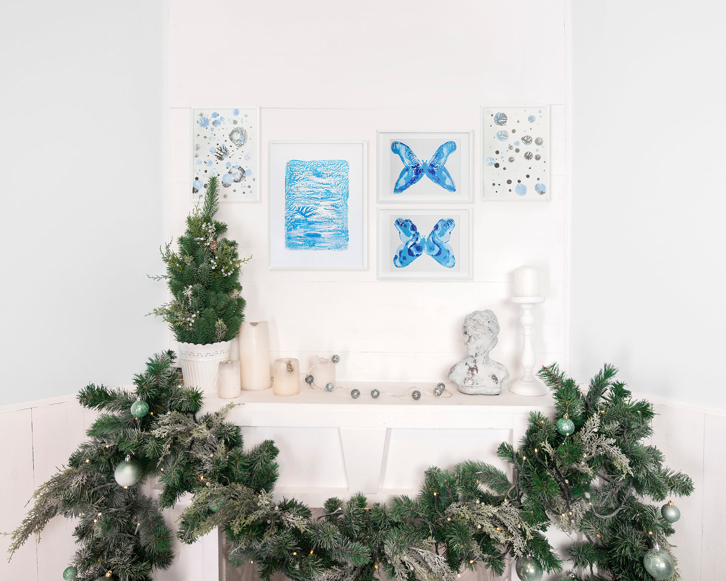 Gallery wall set of 2 Monotype print Blue and silver abstract snowflakes Holiday winter wall art Christmas festive decor UNFRAMED, Bedroom wall decor, relief print, Original artwork, Noel decoration, printmaking art, handmade print