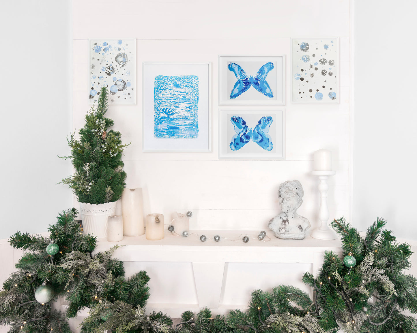 Monotype print Blue and silver abstract snowflakes Holiday winter wall art Original artwork for Christmas festive living room decor UNFRAMED,Bedroom wall decor, Printmaking art, relief print, handmade artwork, Original Noel decoration
