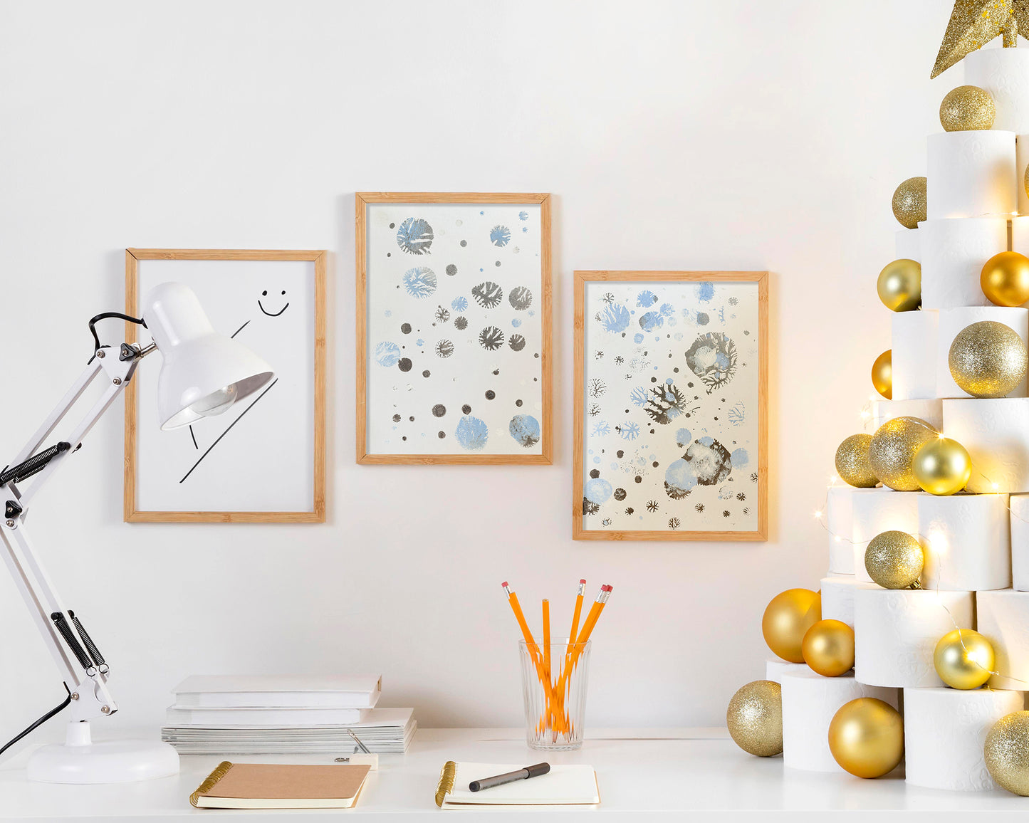 Gallery wall set of 2 Monotype print Blue and silver abstract snowflakes Holiday winter wall art Christmas festive decor UNFRAMED, Bedroom wall decor, relief print, Original artwork, Noel decoration, printmaking art, handmade print
