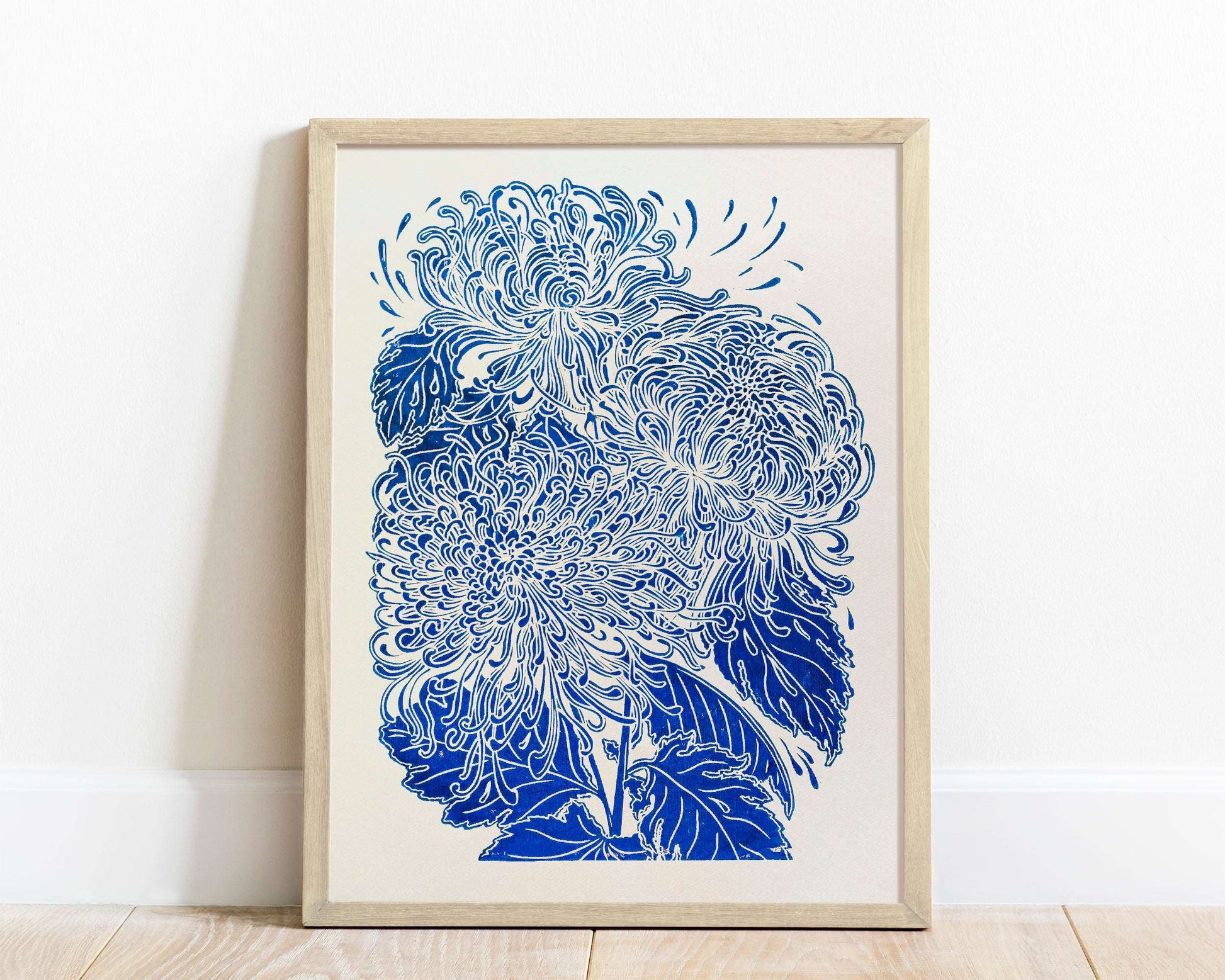 Blue japanese chrysanthemum flower Linocut print for Nature lover gift UNFRAMED for modern kitchen or bedroom wall decor