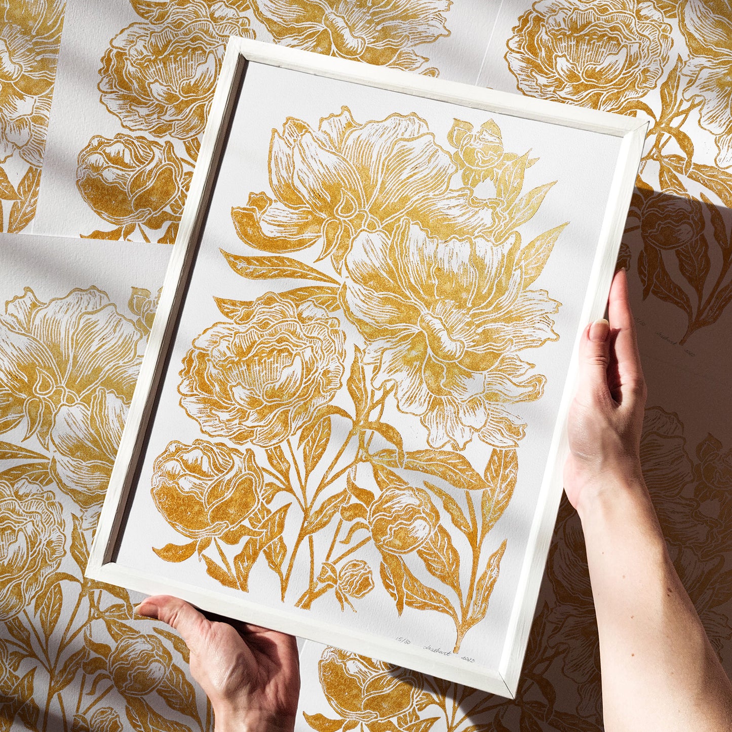 Gold peony flowers Linocut print Peonies wall art decor Linogravure, Lino print New home gift, new grandma gift, housewarming gift, new apartment gift, nature print, nature lover gift, mothers day gift ideas, mothers day gift from daughter, mothers day gift, mother in law gift, mom birthday gift, Modern kitchen art, long distance gift, living room wall art, Linoleum print, laundry room decor, Housewarming gift, hostess gift, home gift unique, heirloom gift, heilroom wall decor
