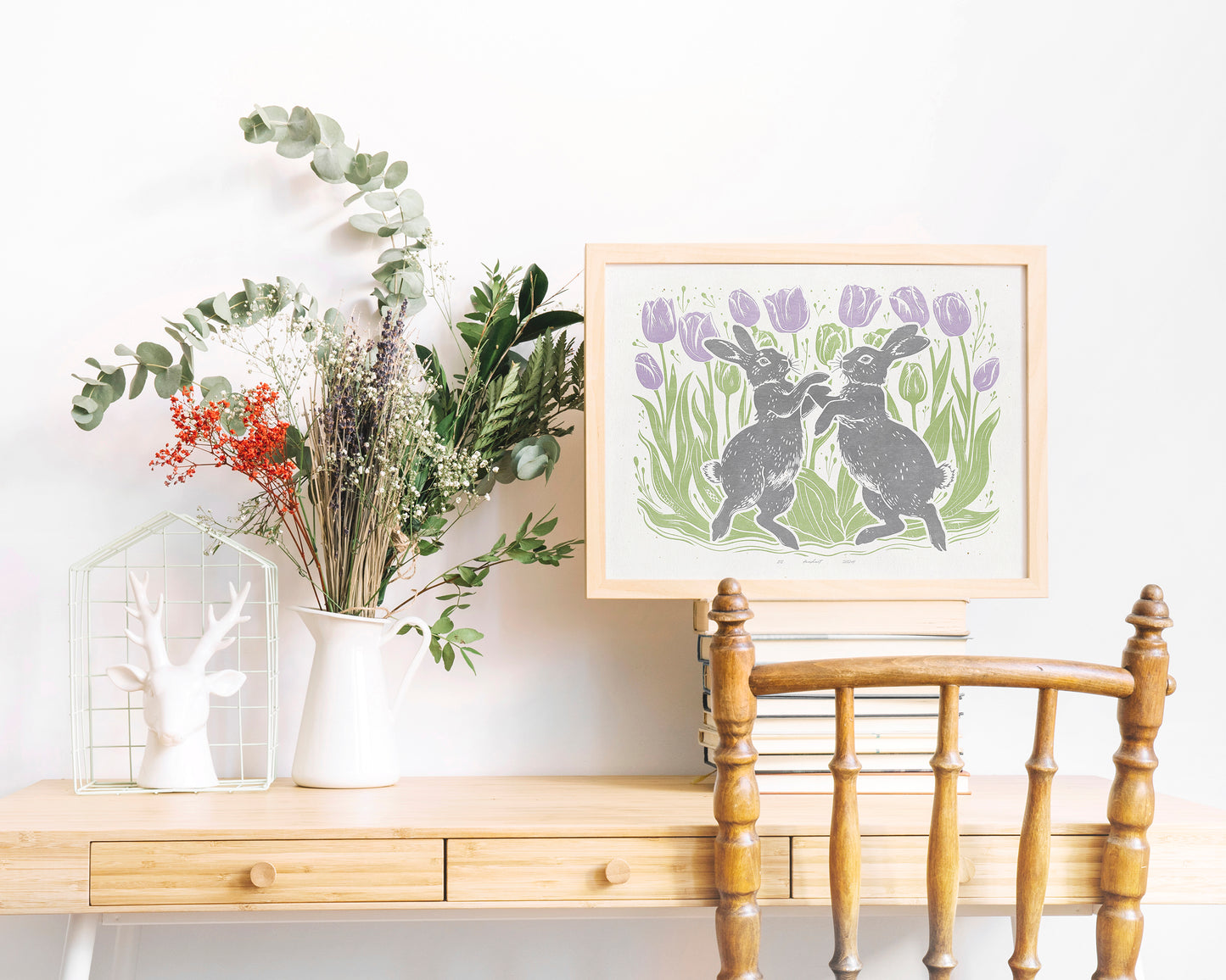 Dancing rabbits with tulips flower and plant Printable linocut prints wall art Relief texture Kids decor Digital downloadable poster Bunnies Bunny rabbit Children kids room wall decor art Funny bedroom home workspace illustration