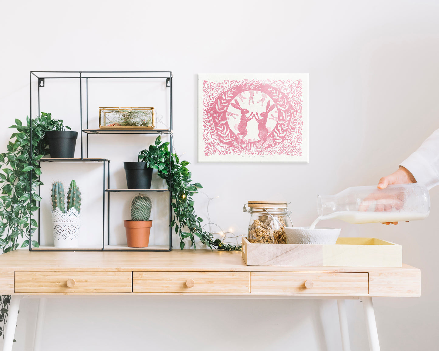Printable linocut prints Pink Dancing rabbits with floral plant texture wall art Kids Cottagecore foraged decor Digital downloadable poster Instant download poster Flower botanical bunnies bunny rabbit hare Children Bedroom Living room wall decor