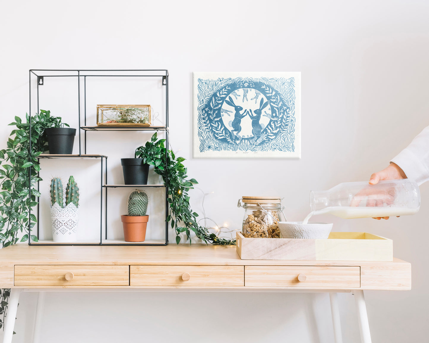 Printable linocut Cottagecore decor Digital downloadable linogravure lino foraged poster prints Dancing Bedroom kids rooom large children bunny rabbits floral plant texture wall art funny rabbit game instand download Light blue spring