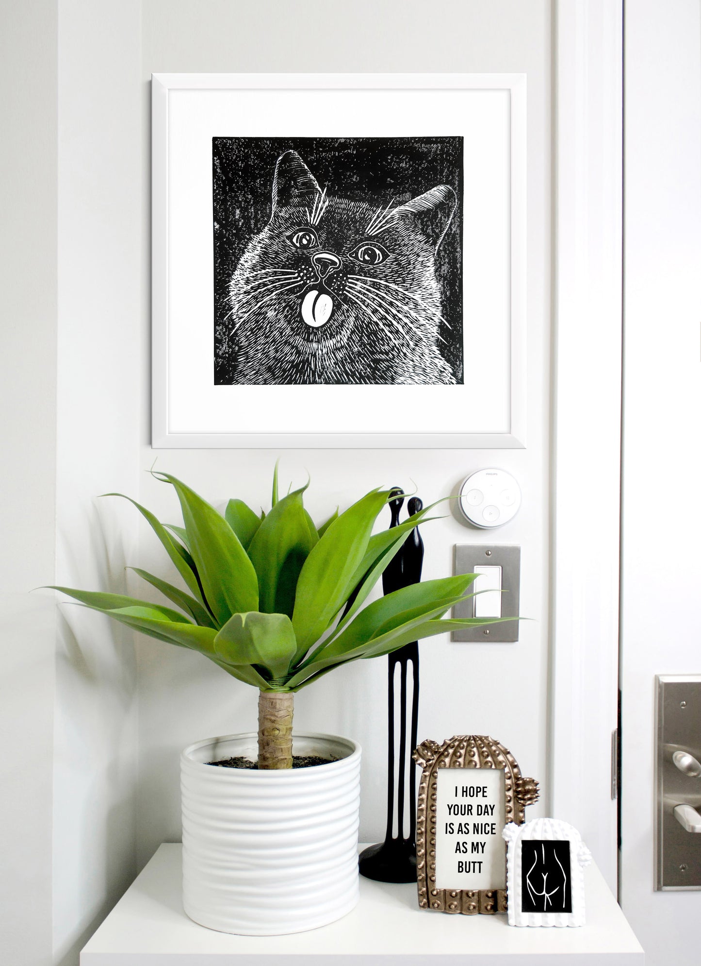 Housewarming gift	Bedroom wall decor	Living room wall art	Linocut print	Original artwork	For pet lovers gift	Linogravure lino	Black relief block	funny portrait cat	printmaking art	Kids room happy	Bestfriend gift	Modern animal spring