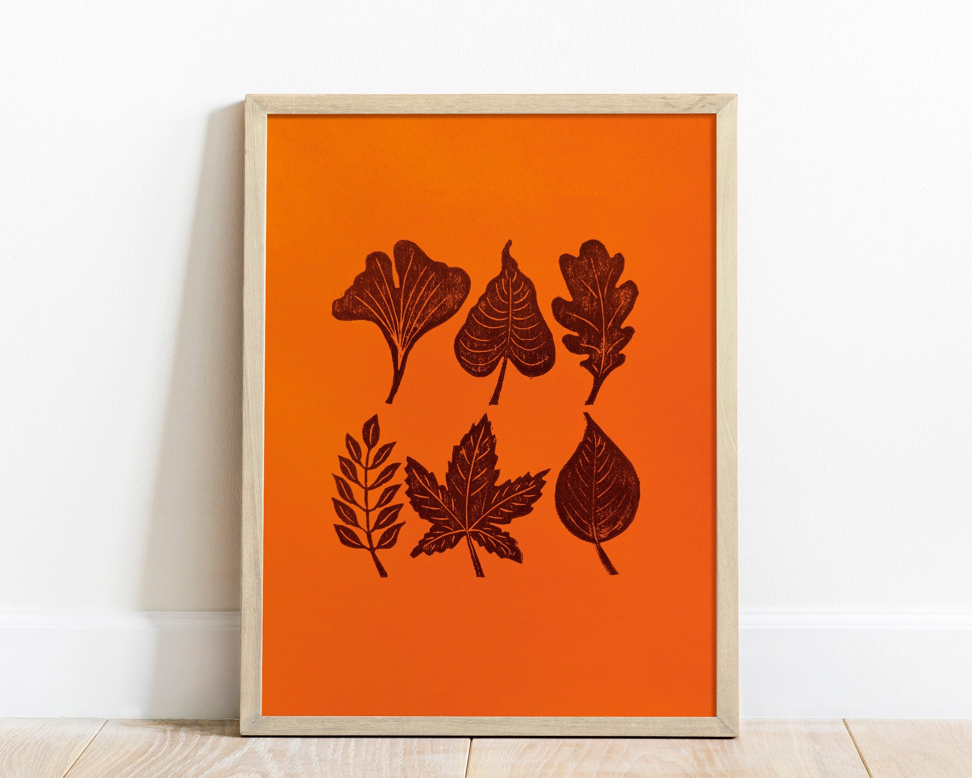 Orange and brown fall leaves Linocut print 12x16in for New home gift UNFRAMED / gold acrylic ink, oil ink, lino print, linogravure, autumn wall art, printmaking, handmade art, Nature lover gift, simple artwork, original artwork, houswarming gift, living room, bedroom, modern kitchen decor