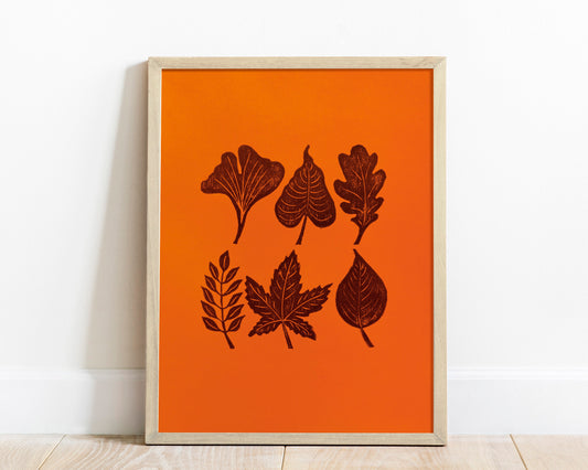 Orange and brown fall leaves Linocut print 12x16in for New home gift UNFRAMED / gold acrylic ink, oil ink, lino print, linogravure, autumn wall art, printmaking, handmade art, Nature lover gift, simple artwork, original artwork, houswarming gift, living room, bedroom, modern kitchen decor