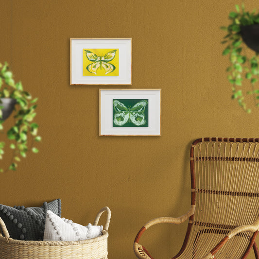 №10 - Set of 2 Yellow and green abstract butterfly Monotype print for Nature lover gift UNFRAMED for living room, or bedroom original artwork