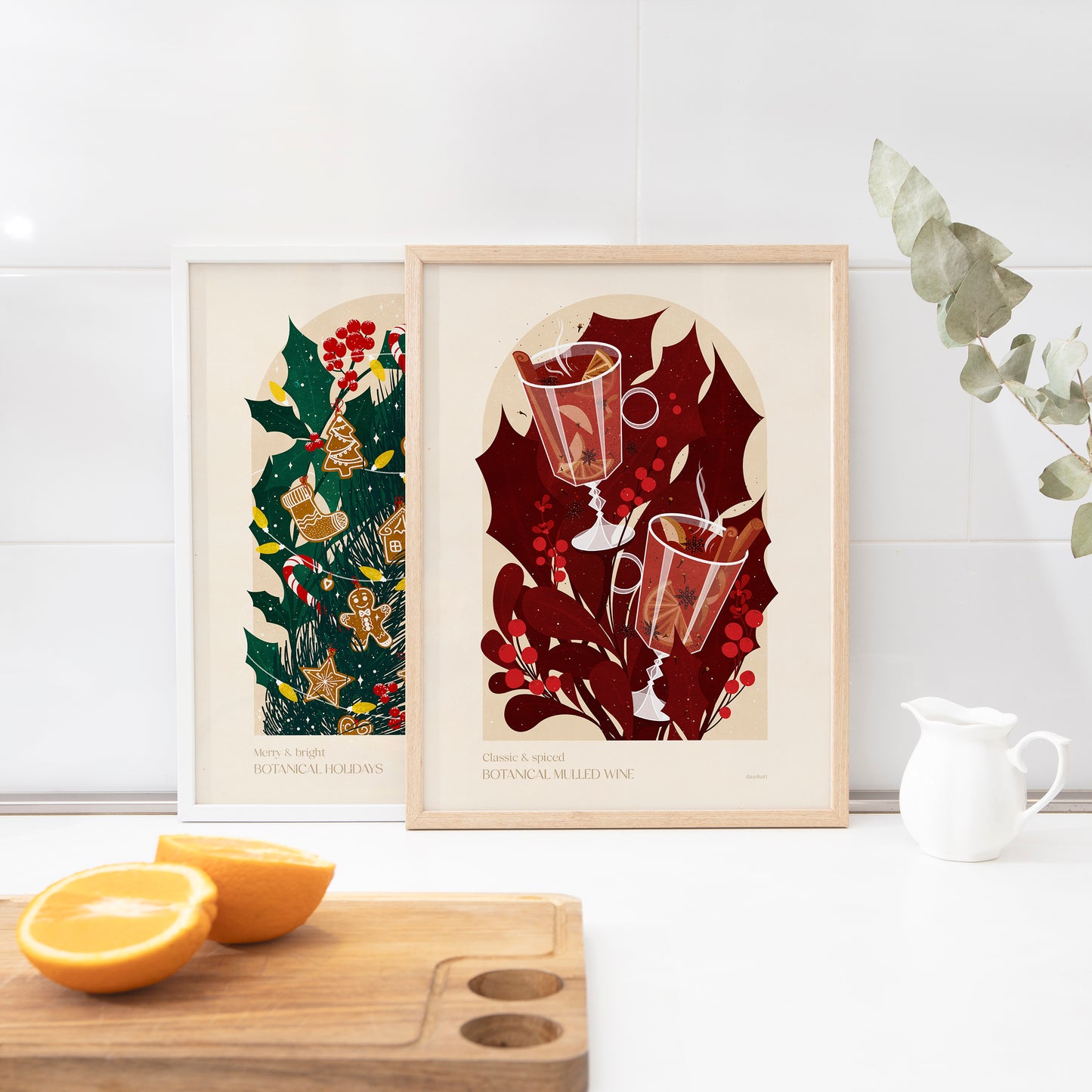 Botanical vintage mulled wine and Holly plant Holiday winter printable wall art for Modern kitchen art, bedroom dining room, hot drink poster, Christmas poster, digital illustration, festive wall decor