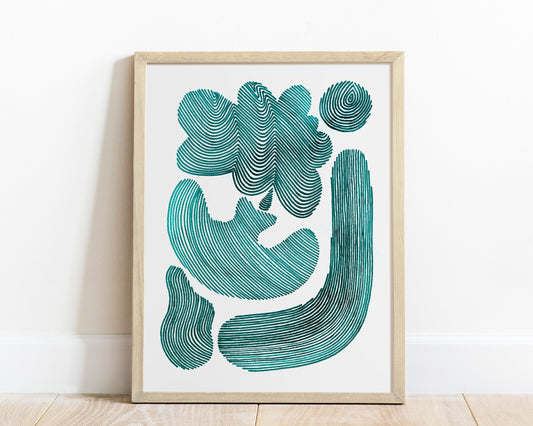 White and emerald green Abstract flower line shapes artwork for Nature lover gift UNFRAMED