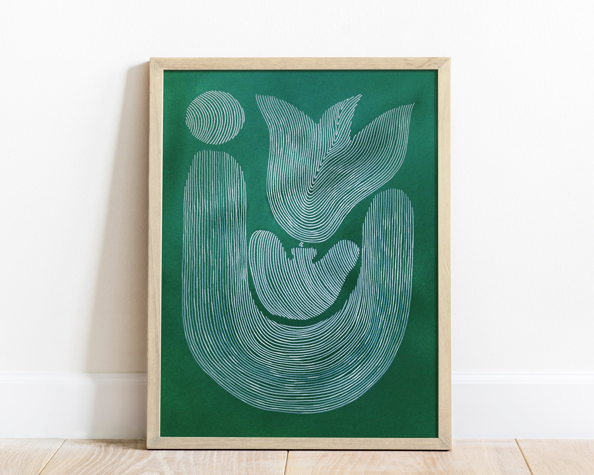 Emerald green Abstract flower line shapes artwork for Nature lover gift UNFRAMED for living room, or bedroom original artwork