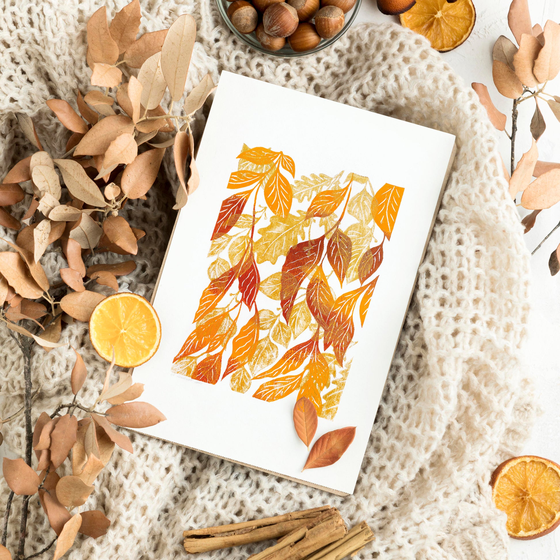 Warm tones autumn foraged leaves Printable linocut wall art for bedroom or living room decor, Seasonal decorations, Fall poster, instant download, digital poster, cottagecore wall art, Nature lover gift, Leaf wall poster, Gold orange brown relief print, oil texture