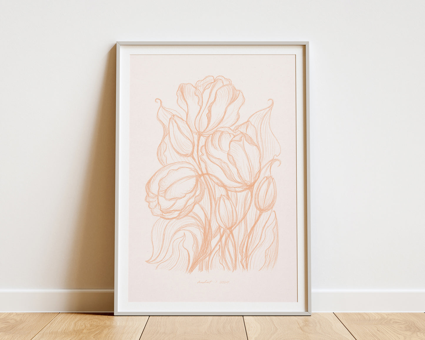Spring peach fuzz wall art Hand drawn tulips flower sketch Line floral large botanical poster Printable neutral prints for Bedroom decor digital instant download Living room Home workspace large new first housewarming gift