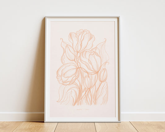 Spring peach fuzz wall art Hand drawn tulips flower sketch Line floral large botanical poster Printable neutral prints for Bedroom decor digital instant download Living room Home workspace large new first housewarming gift