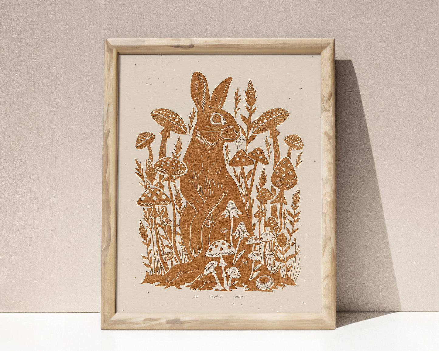 Living room wall art Nature lover gift Printable linocut Cottagecore decor Digital downloadable linogravure lino foraged poster art Relief texture Bedroom kids rooom prints Yellow ochre rabbit mushroom large plant wall art bunny new home