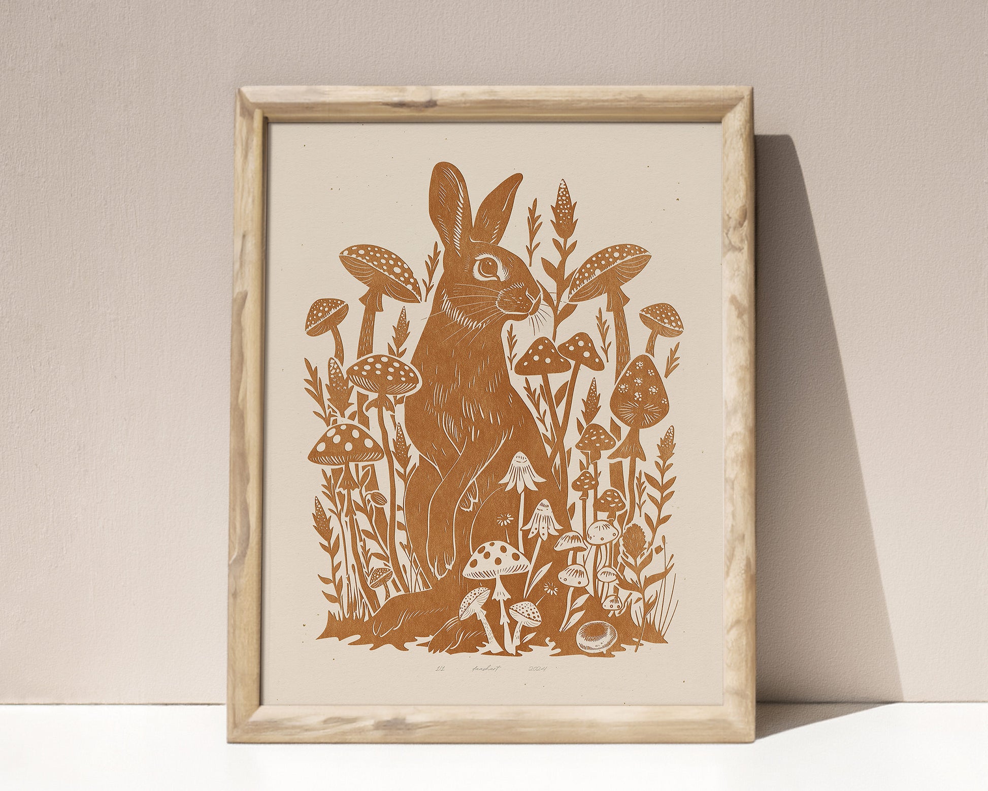 Living room wall art	Nature lover gift	Printable linocut	Cottagecore decor	Digital downloadable	linogravure lino	foraged poster	art Relief texture	Bedroom kids rooom	prints Yellow ochre	rabbit mushroom	large plant wall art	bunny new home