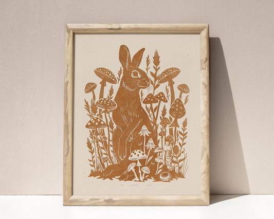 Living room wall art	Nature lover gift	Printable linocut	Cottagecore decor	Digital downloadable	linogravure lino	foraged poster	art Relief texture	Bedroom kids rooom	prints Yellow ochre	rabbit mushroom	large plant wall art	bunny new home