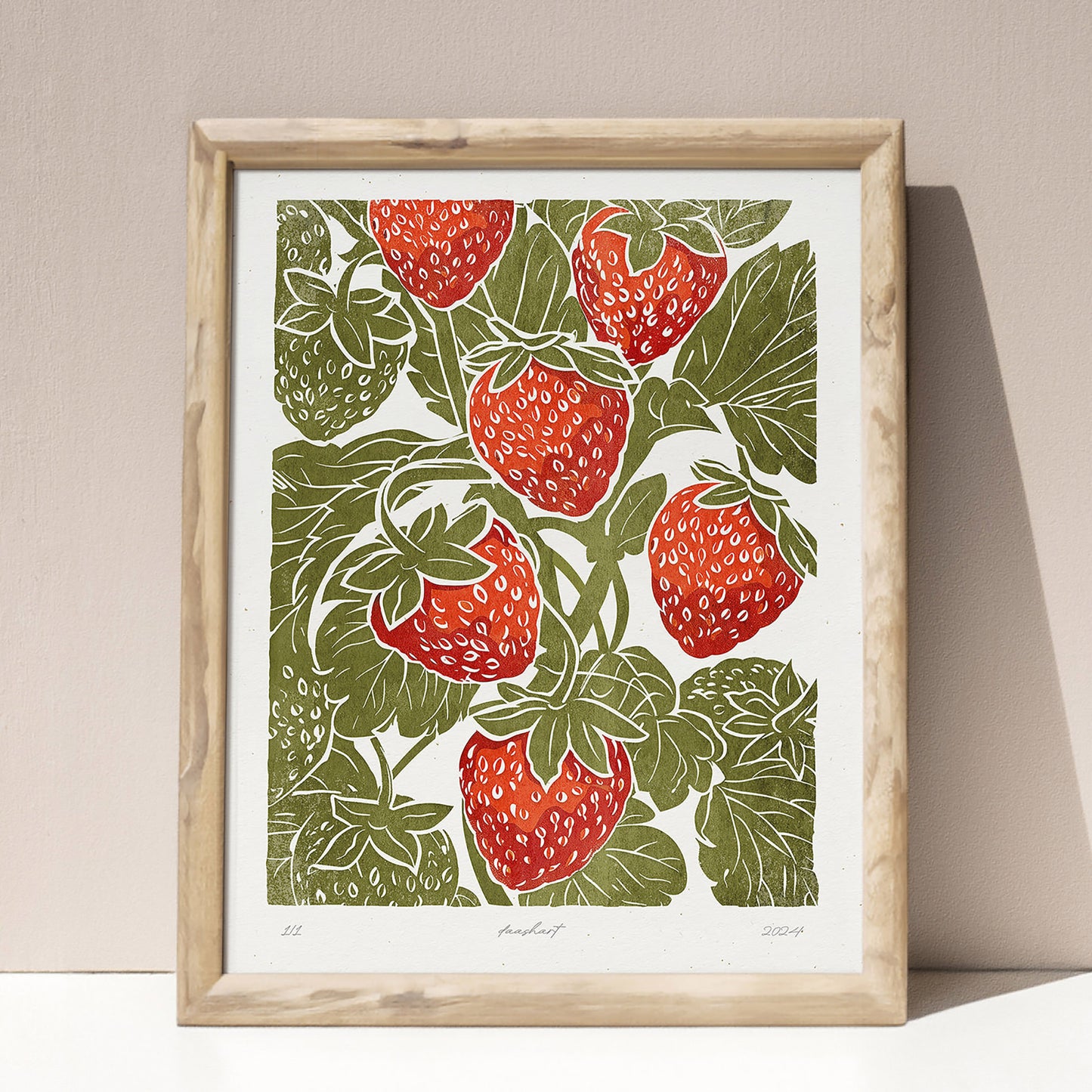 Sage green red berries «Sagren Strawberries N1» Printable linocut prints wall art poster printable wall art, digital poster, digital download, digital product, downloadable art, large linocut prints, wall hanging, unique wall art, mid century modern, illustration art, farmhouse wall decor, botanical wall art, rustic wall art, nature wall art, cottagecore wall art cottage core, foraged wall art, fruit wall art, farm decor, relief textured