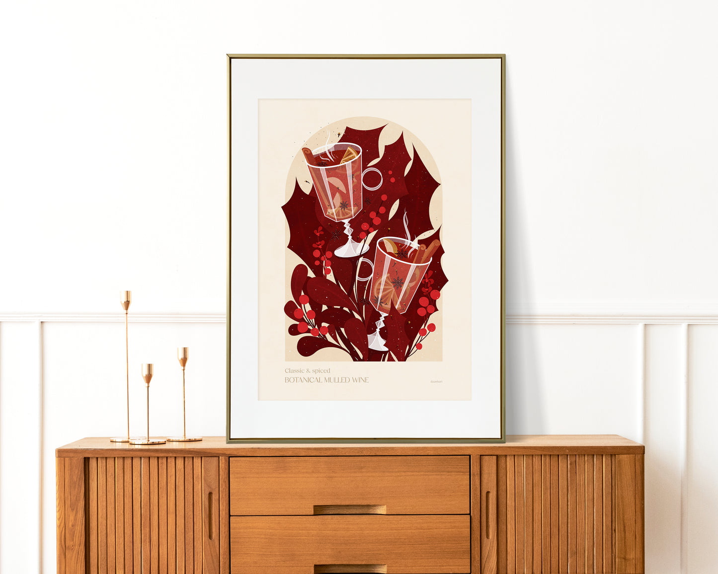 Botanical vintage mulled wine and Holly plant Holiday winter printable wall art for Modern kitchen art, bedroom dining room, hot drink poster, Christmas poster, digital illustration, festive wall decor