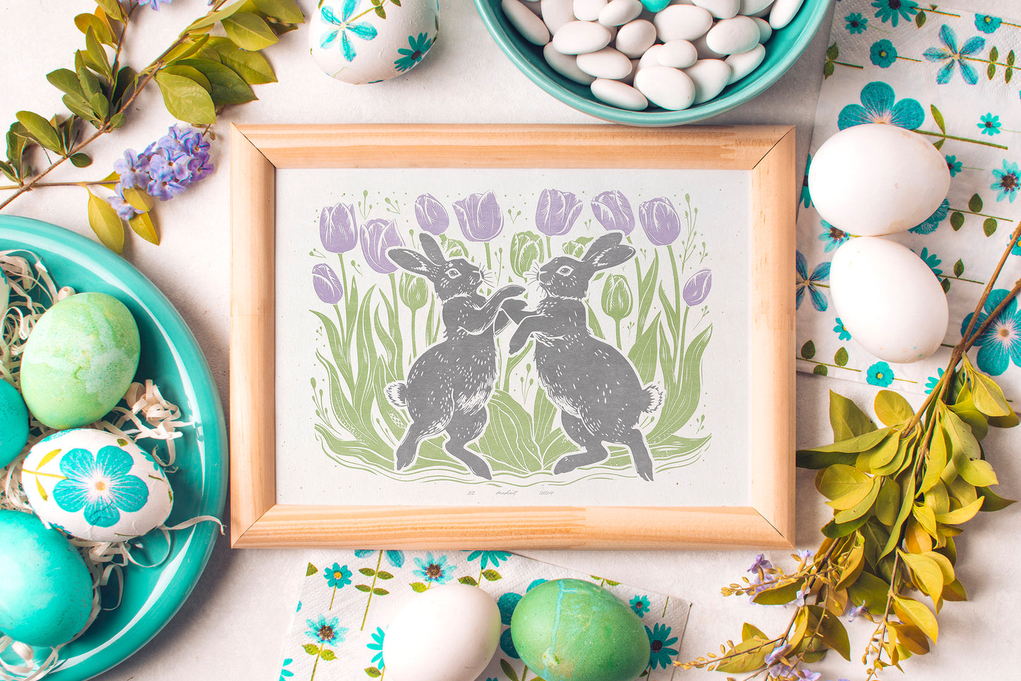 Dancing rabbits with tulips flower and plant Printable linocut prints wall art Relief texture Kids decor Digital downloadable poster Bunnies Bunny rabbit Children kids room wall decor art Funny bedroom home workspace illustration