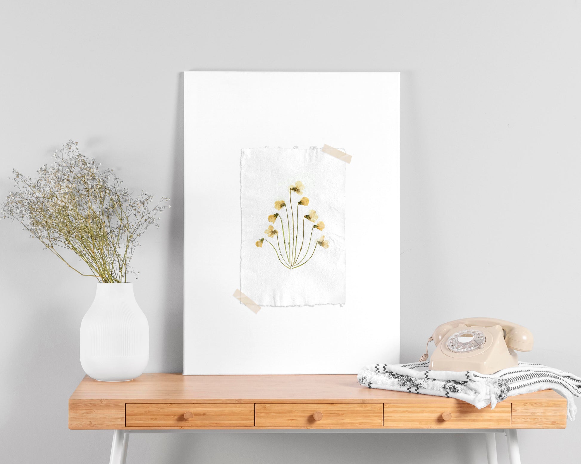 Herbarium VIII White violet pressed flower and green plant Recycled paper for living room wall art UNFRAMED Modern kitchen art or bedroom