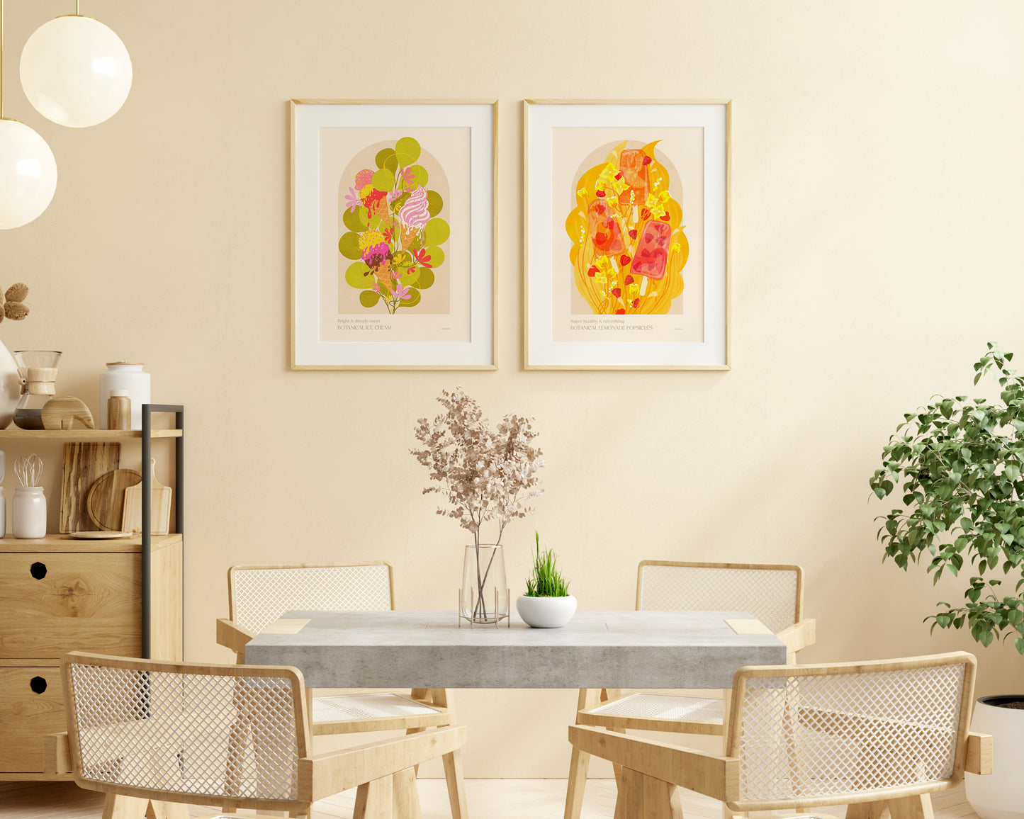 Gallery wall Set of 2 prints ice cream Botanical vintage lemonade popsicles poster Colorful summer for modern kitchen and dining room decor with Pink, red and yellow juicy strawberries, raspberries, and oranges