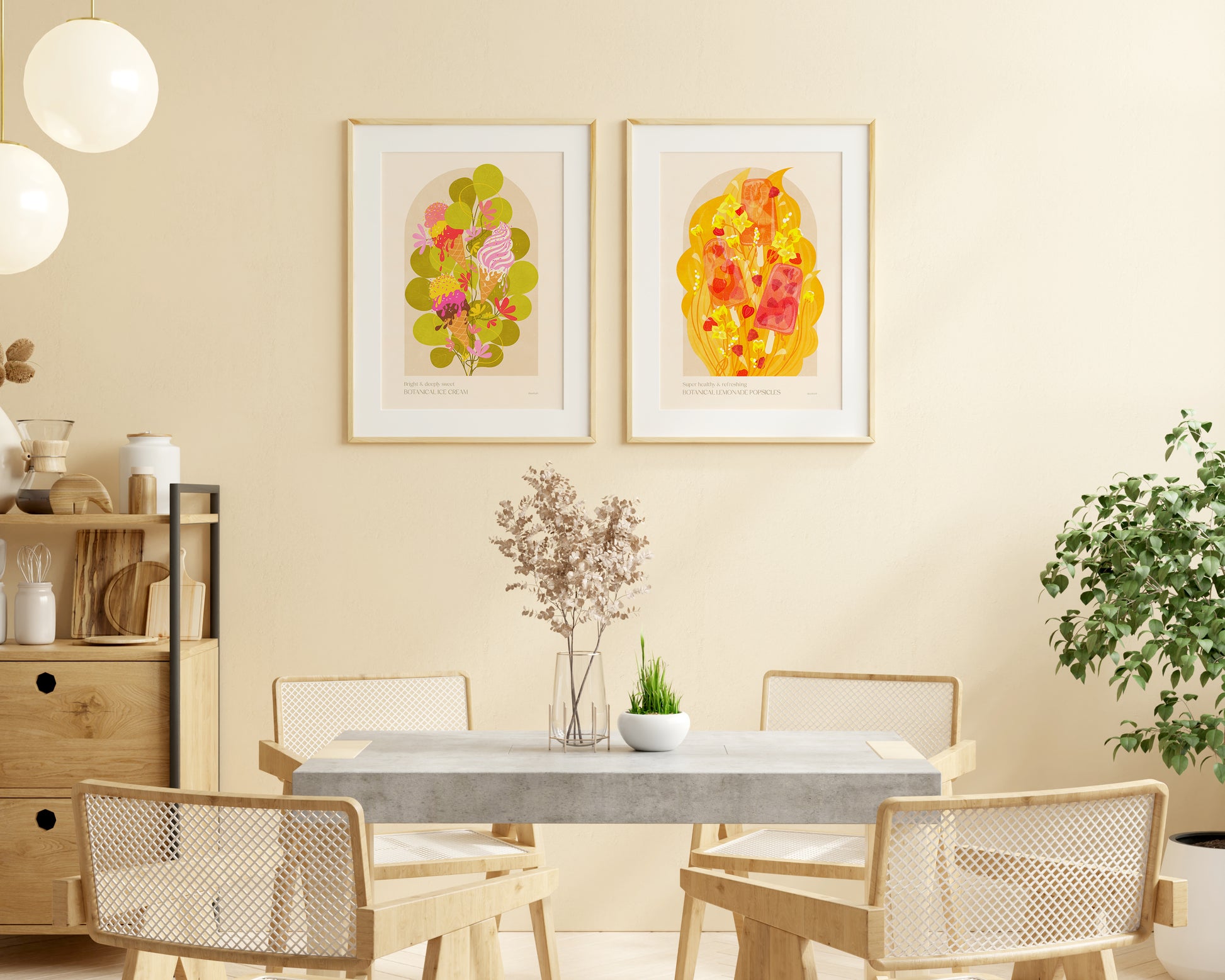 Gallery wall Set of 2 prints ice cream Botanical vintage lemonade popsicles poster Colorful summer for modern kitchen and dining room decor with Pink, red and yellow juicy strawberries, raspberries, and oranges