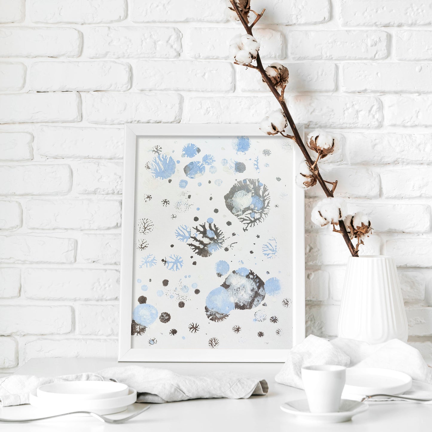 Blue and silver abstract snowflakes Monotype print Holiday winter wall art for Christmas festive living room decor UNFRAMED, Bedroom wall decor, Printmaking art, handmade art, relief print, Original artwork, Noel decoration