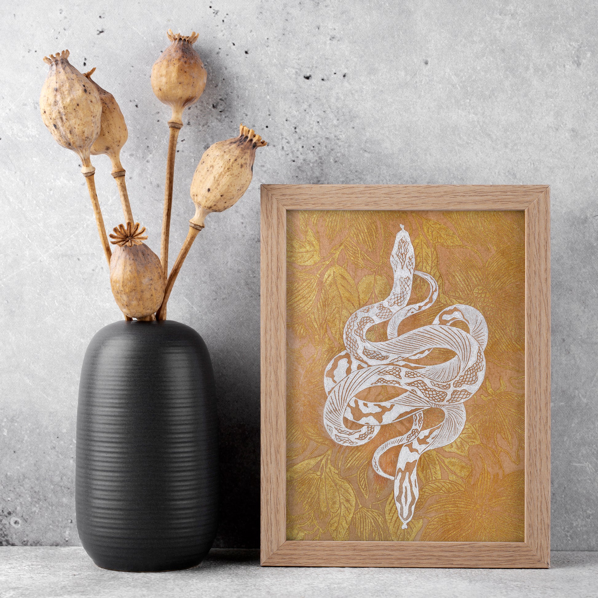 Printable linocut print White floral snake with gold magnolia flower Botanical autumn wall art poster Nature lover gift INSTANT DOWNLOAD,  Living room wall art, Farmhouse decor, foraged wall decor, cottagecore wall art, autumn wall art, Boho snake poster