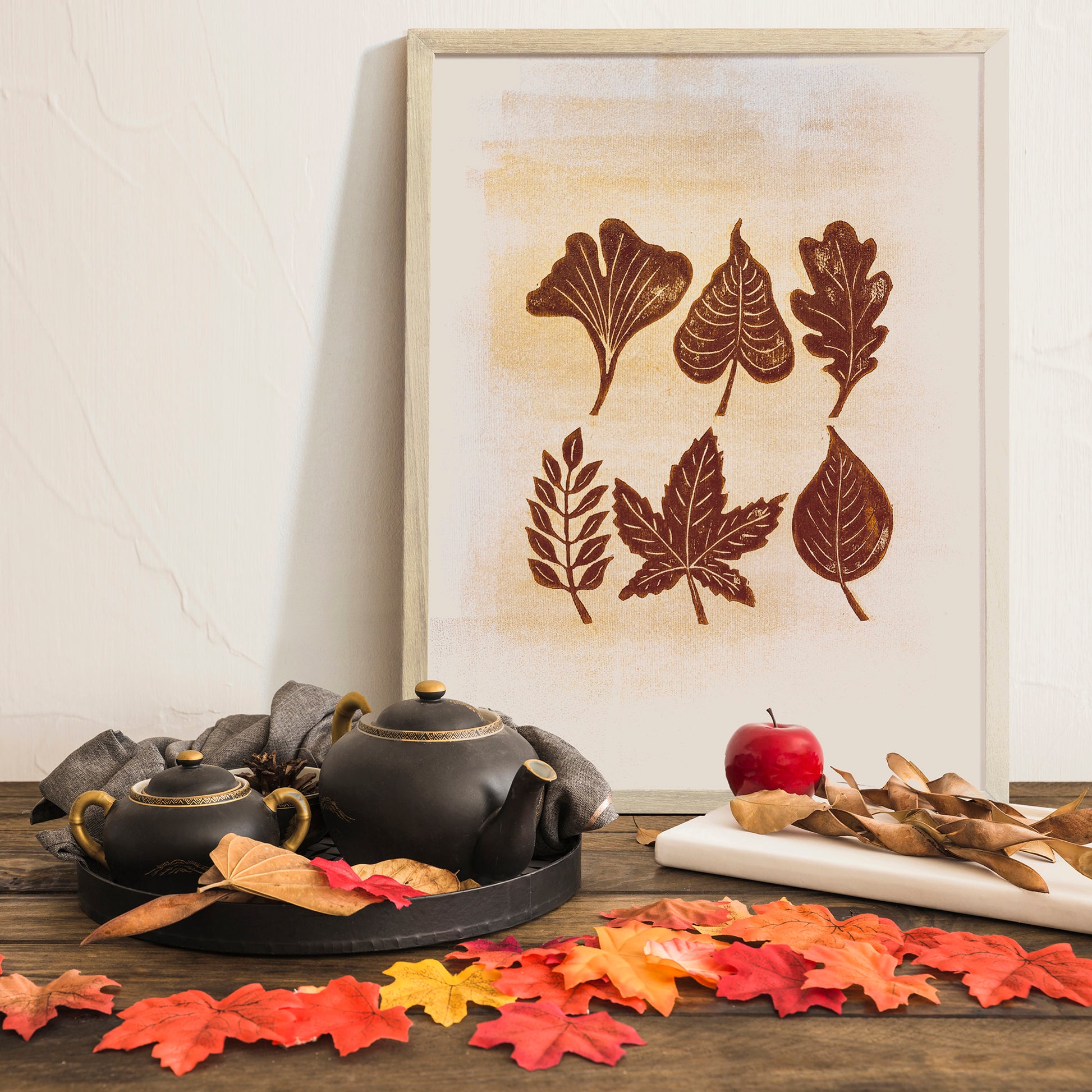 Brown and gold fall leaves Linocut print 12x16in for Bedroom wall decor UNFRAMED / printmaking art, relief print, block print, lino print, linogravure, original artwork, handmade art, living room decor, nature lover gifr, new home gift