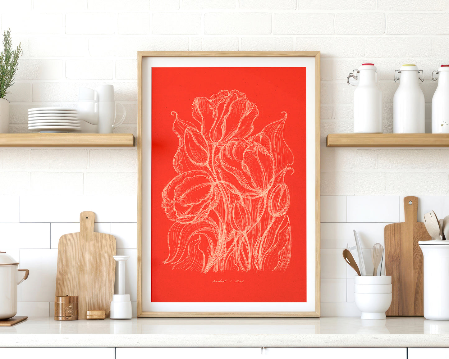 Spring trendy bright red wall art Hand drawn tulips flower sketch Line floral large botanical poster Printable neutral prints Bedroom kitchen living room dining roomdecor