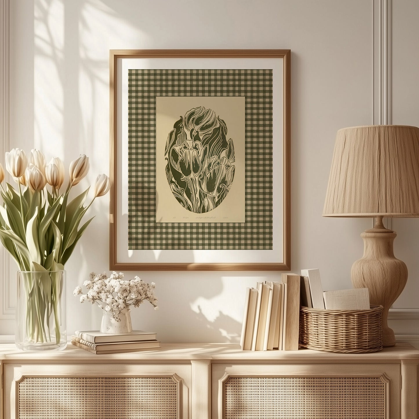 Retro Cottagecore Sage Green Gingham Tulips Flowers Linocut Prints Floral Printable Master Bedroom Wall Art Checkered Decor Digital Poster Kitchen farmhouse rustic romantic, fora Rustic hallway european vintage,french countryside, scandinavian folk art, nordic nature illustration, herbal alchemy botanical art, old european domestic still life art hearth and home, cottagecore wall art, cottage core, Botanical wall art, Botanical print, bookshelf decor, Bedroom wall art, aunt gift