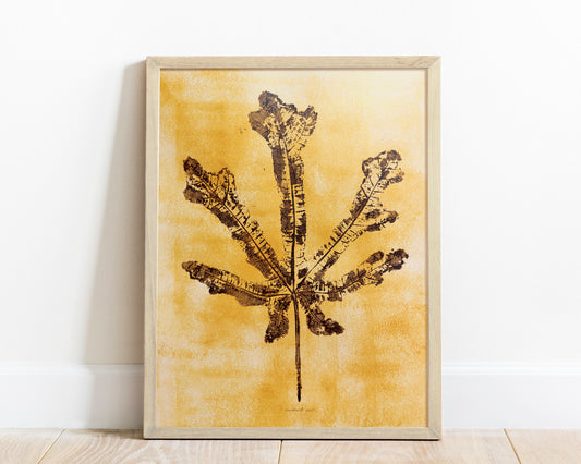 Gold and brown vintage textured fig leaf Monotype print N1 for Nature lover gift UNFRAMED, printmaking art, mono print, nature print, leaves print, bedroom wall decor, handmade wall art, living room wall art, farm kitchen art, houswarming gift, farmhouse decor, classical wall art, aesthetic wall art