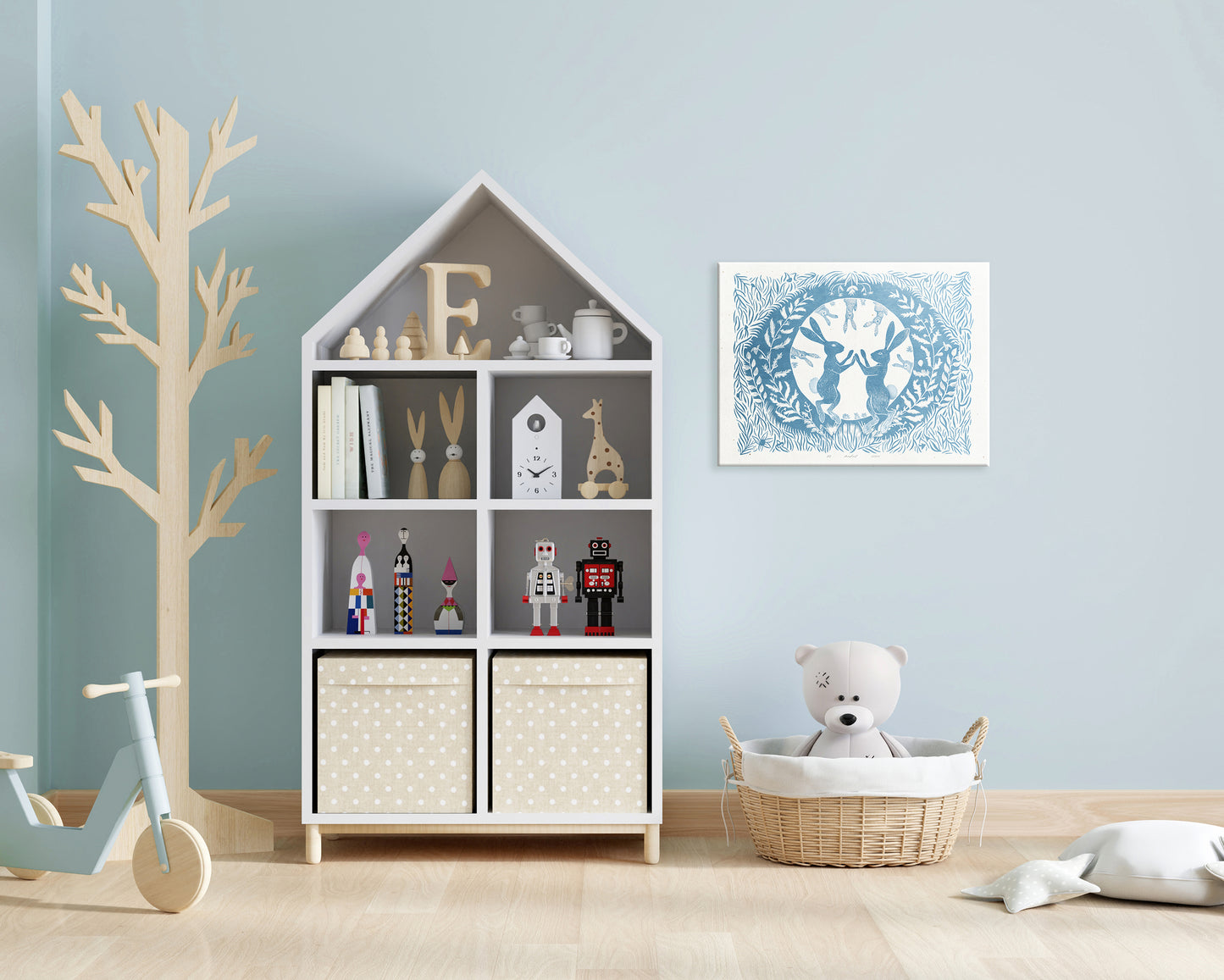 Printable linocut Cottagecore decor Digital downloadable linogravure lino foraged poster prints Dancing Bedroom kids rooom large children bunny rabbits floral plant texture wall art funny rabbit game instand download Light blue spring