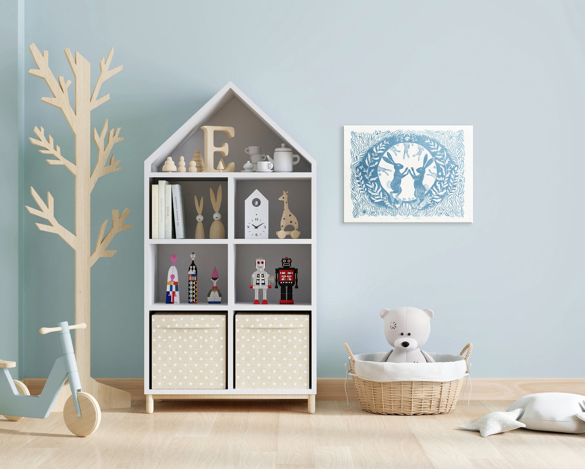 Printable linocut	Cottagecore decor	Digital downloadable	linogravure lino	foraged poster	prints Dancing	Bedroom kids rooom	large children bunny	rabbits floral plant	texture wall art	funny rabbit game	instand download	Light blue spring