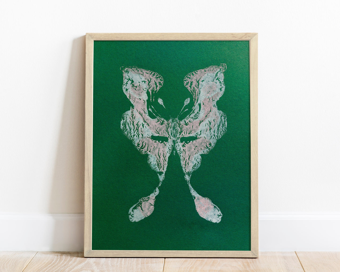 №1 - Emerald green Pink and white abstract moth Monotype print for Nature lover gift UNFRAMED butterfly wall decor modern Living room or bedroom decor Original artwork