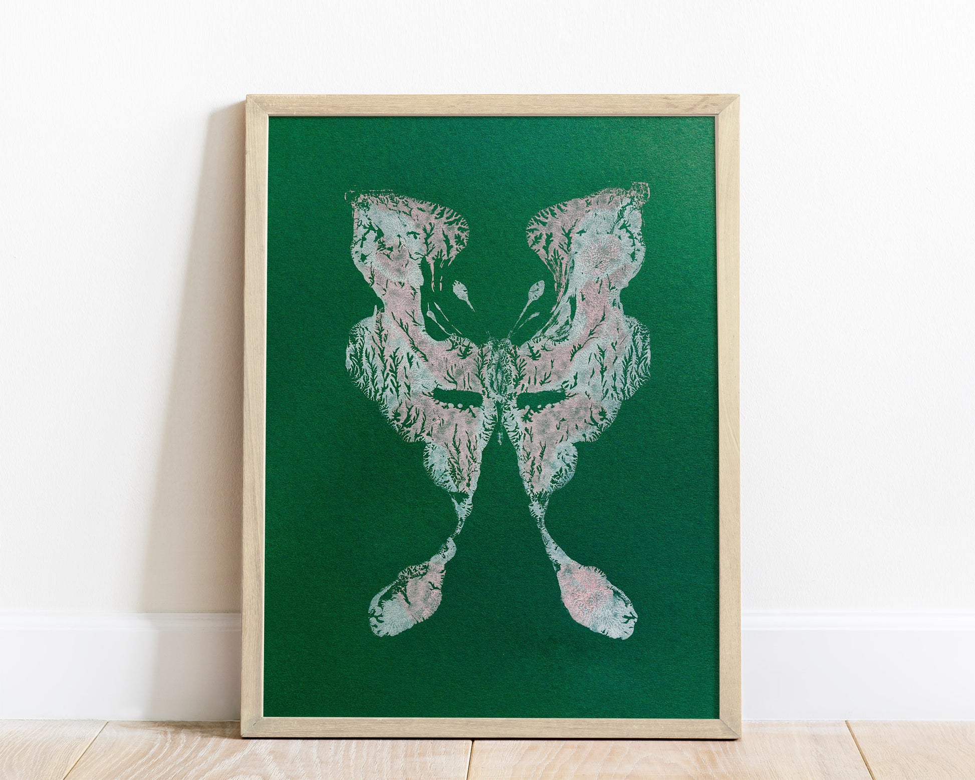 №1 - Emerald green Pink and white abstract moth Monotype print for Nature lover gift UNFRAMED butterfly wall decor modern Living room or bedroom decor Original artwork