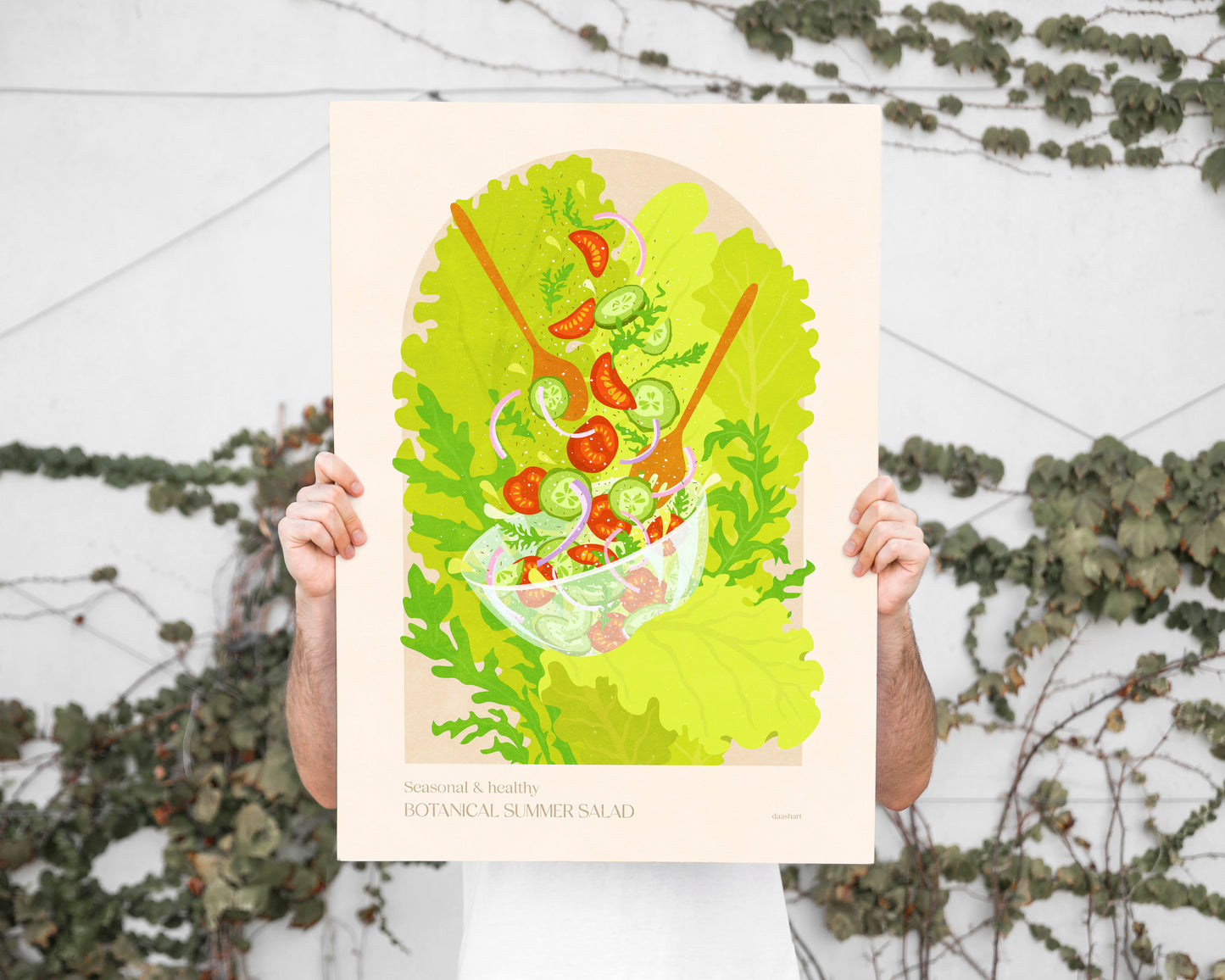 Botanical vintage bright summer salad poster for modern kitchen and dining room decor wiith tomatoes, cucumber, onion, salad, rucola / food poster daashart