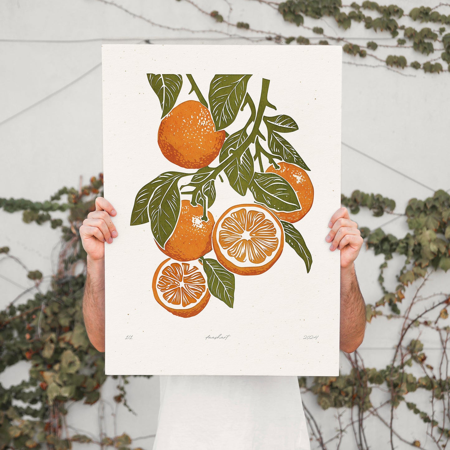 Sage green orange fruits «Sagren Oranges N1» Printable linocut wall art poster, fruit wall art, farm decor, contemporary art, relief textured, large wall art, moody wall art, trendy wall art, aesthetic wall art, funny modern poster, retro wall art, vintage poster, bedroom wall decor, modern kitchen art, dining room decor, bathroom prints