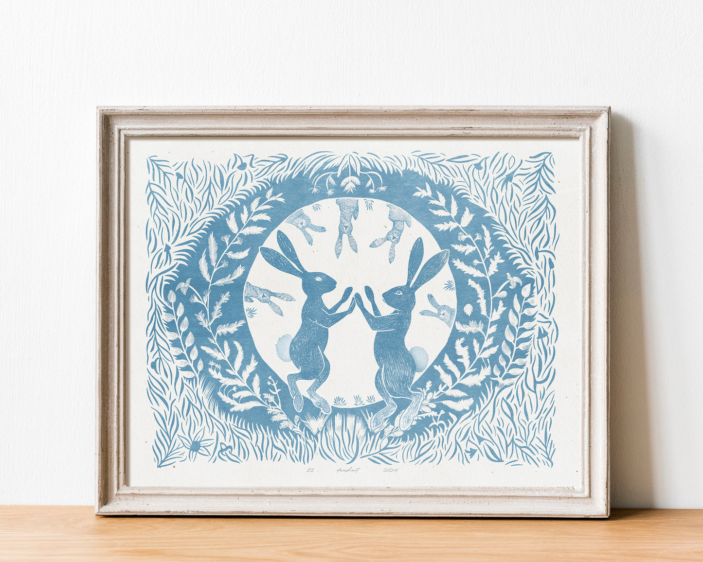 Printable linocut Cottagecore decor Digital downloadable linogravure lino foraged poster prints Dancing Bedroom kids rooom large children bunny rabbits floral plant texture wall art funny rabbit game instand download Light blue spring