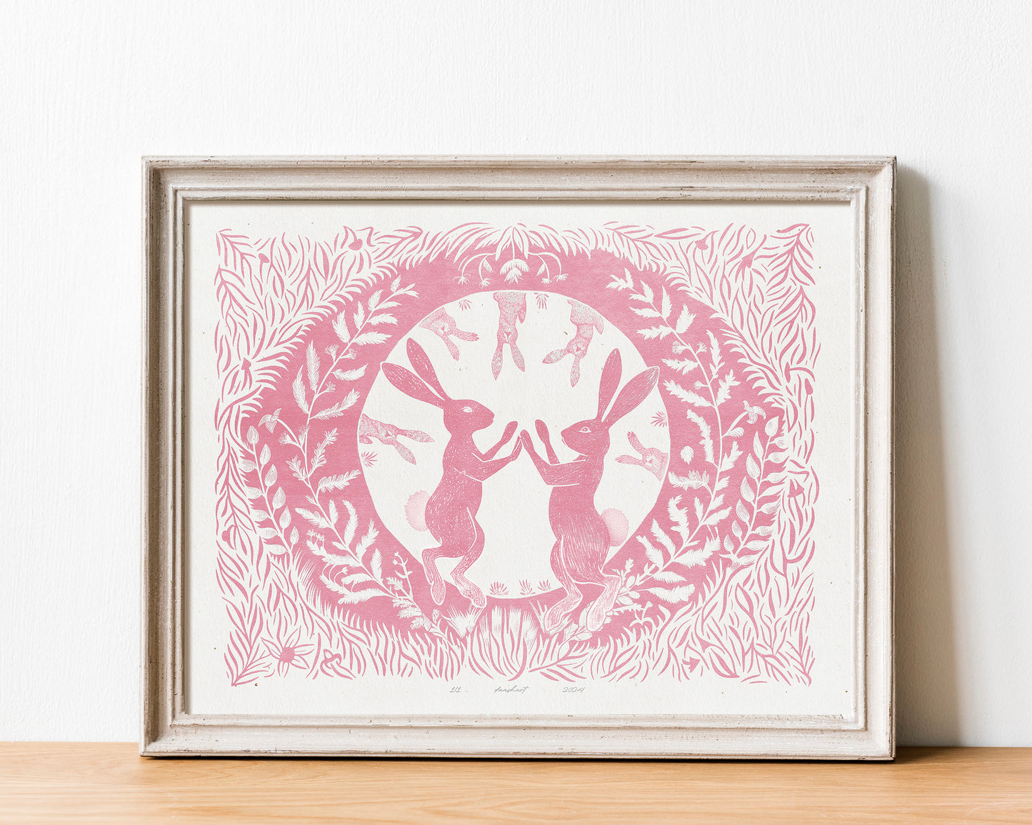 Printable linocut prints Pink Dancing rabbits with floral plant texture wall art Kids Cottagecore foraged decor Digital downloadable poster Instant download poster Flower botanical bunnies bunny rabbit hare Children Bedroom Living room wall decor