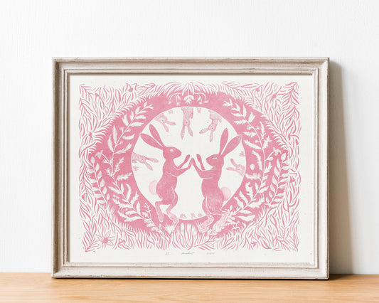 Printable linocut prints Pink Dancing rabbits with floral plant texture wall art Kids Cottagecore foraged decor Digital downloadable poster Instant download poster Flower botanical bunnies bunny rabbit hare Children Bedroom Living room wall decor
